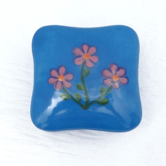 Handmade Ceramic Lidded Blue Square Trinket Dish with Handpainted Flowers - Picture 2 of 6